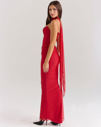 Strapless Corset Sweetheart Ruched Bodice Fabric Choker Bodycon Maxi Dress