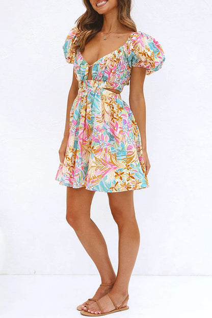 Tropical Floral Puff Sleeve Waist Cut Out Keyhole Sweetheart Mini Dress