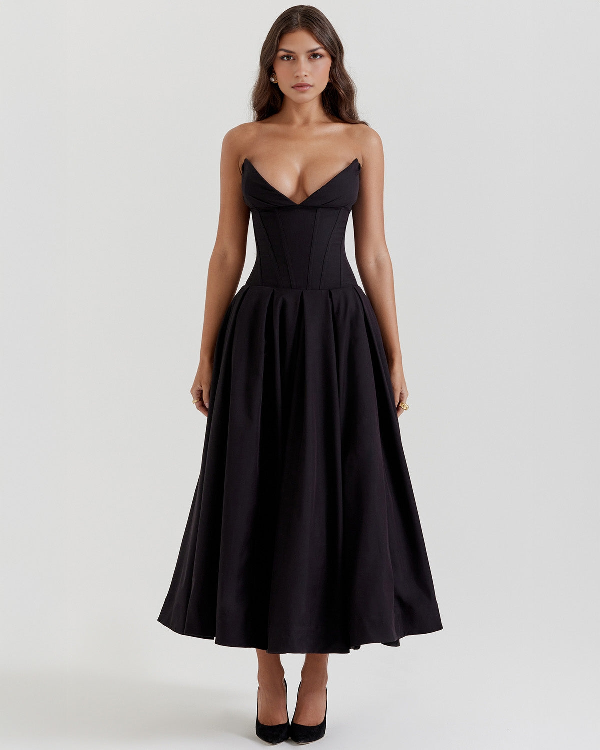 Strapless Corset Plunging Sweetheart Neck Pleated Full Skirt Pocket Midi Dress