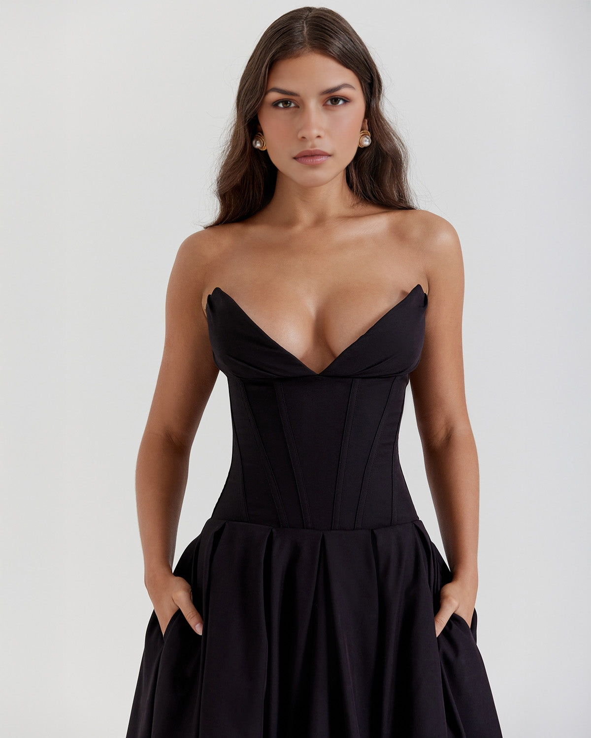 Strapless Corset Plunging Sweetheart Neck Pleated Full Skirt Pocket Midi Dress
