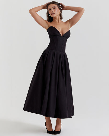 Strapless Corset Plunging Sweetheart Neck Pleated Full Skirt Pocket Midi Dress