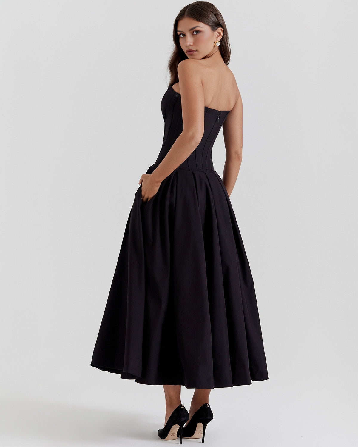 Strapless Corset Plunging Sweetheart Neck Pleated Full Skirt Pocket Midi Dress