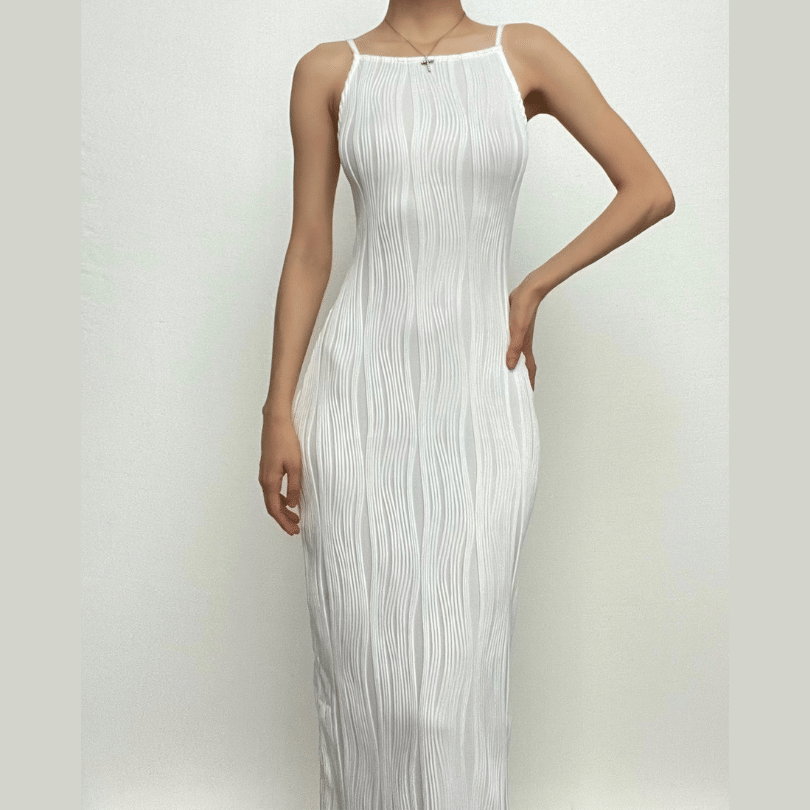 Square Neck Spaghetti Strap Wave Texture Bodycon Midi Dress