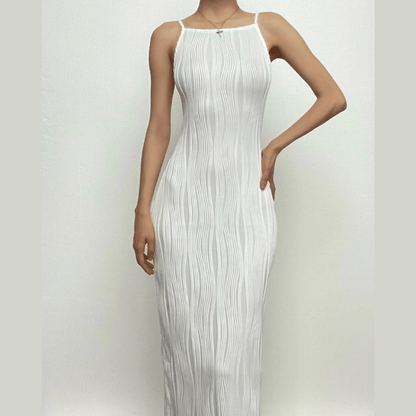 Square Neck Spaghetti Strap Wave Texture Bodycon Midi Dress