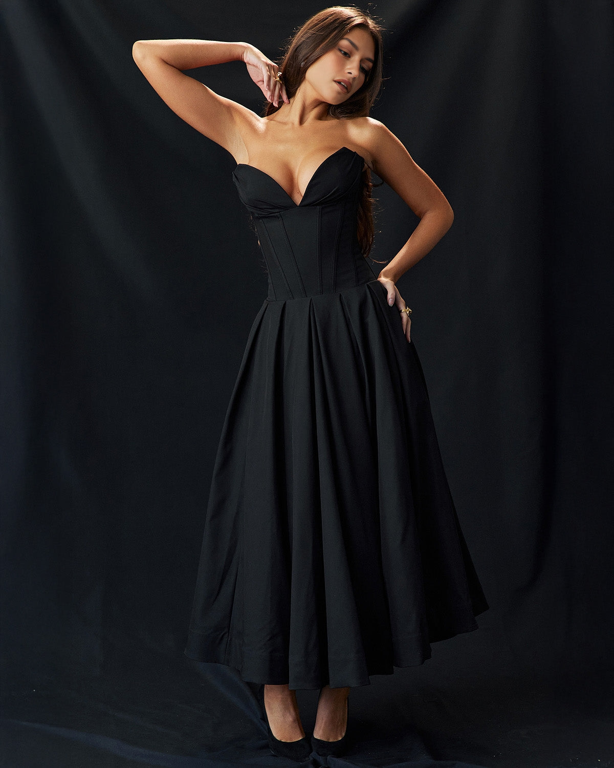 Strapless Corset Plunging Sweetheart Neck Pleated Full Skirt Pocket Midi Dress