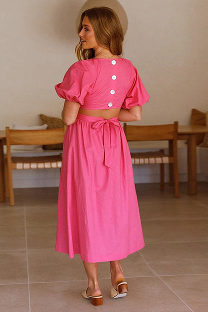 Deep V-Neck Puff Sleeve Side Waist Cutout A-Line Midi Dress