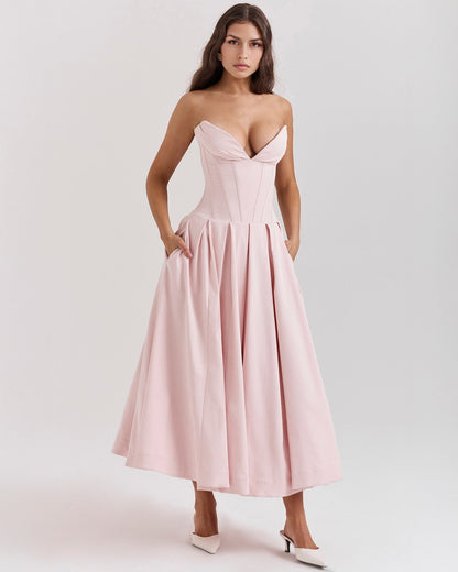 Strapless Corset Plunging Sweetheart Neck Pleated Full Skirt Pocket Midi Dress