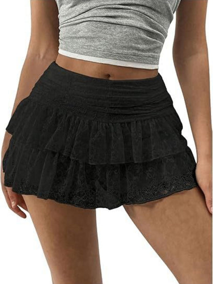 Y2K Lace Trim Low-waisted Pleats Multi-tiered Cake Skirt Sweet Short Skirt