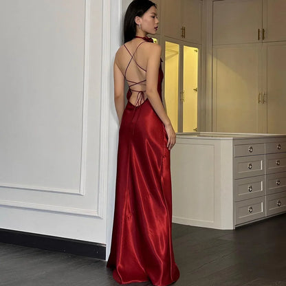 Backless Floral Strap Long Dress Women's Summer Fashion Solid Color Slim Strap One-Neck Evening Dress Elegant Long Dress
