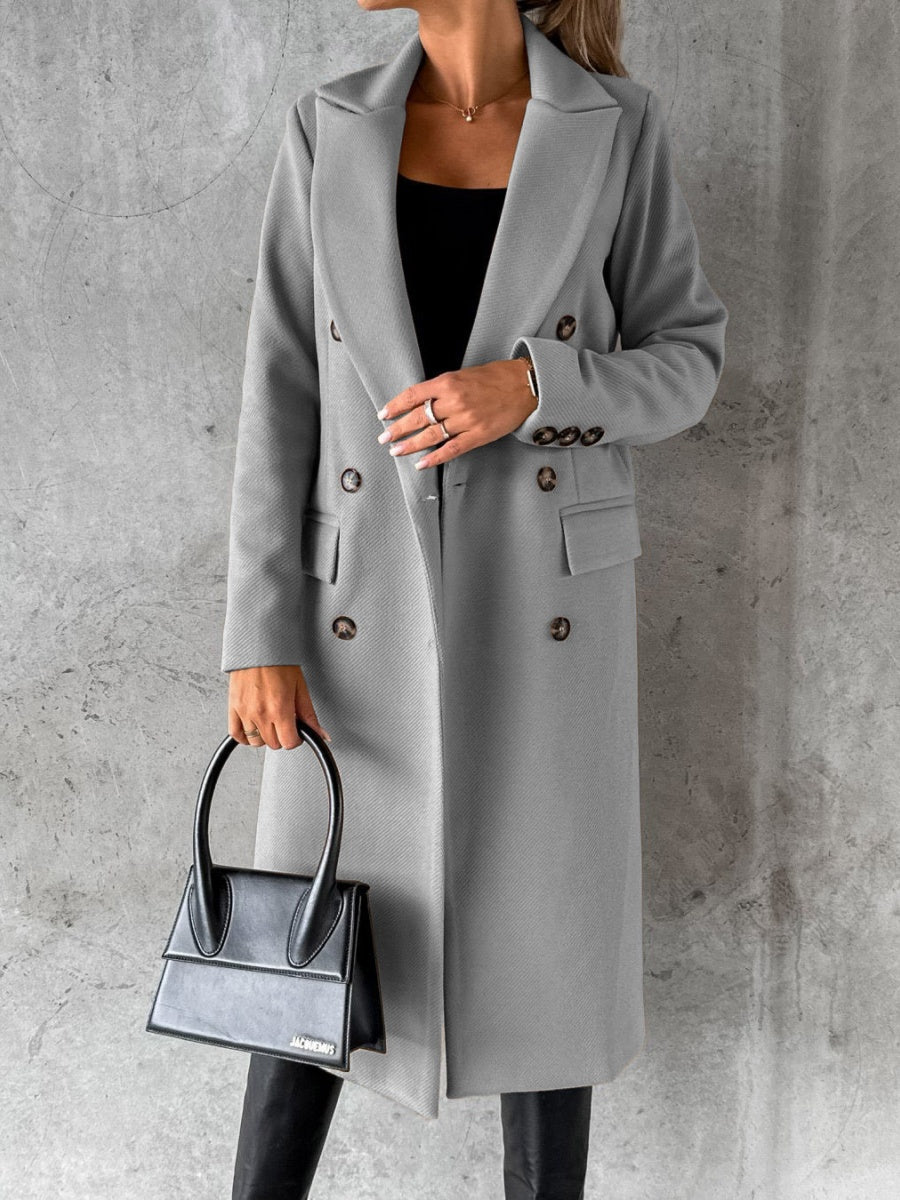 Long Sleeves, Lapel, Solid Color, Double-breasted, Slim Fit Coats