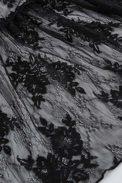 Black Square Neck Ruffle Trim Sheer Lace Ribbon Tie Maxi Dress