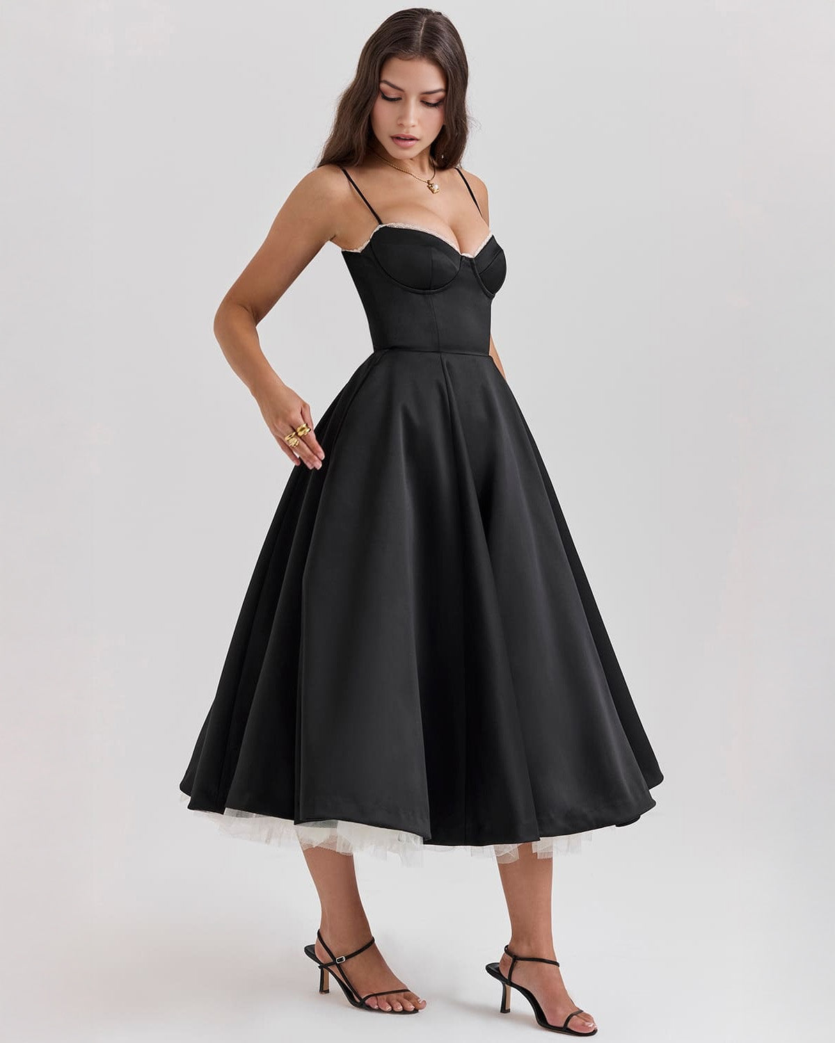 Sweetheart Corset Spaghetti Strap Pleated Fit and Flare Midi Dress