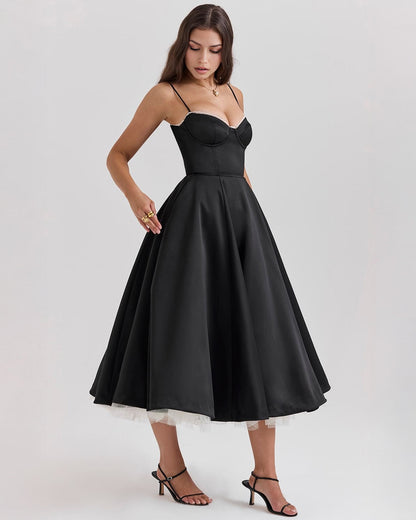 Sweetheart Corset Spaghetti Strap Pleated Fit and Flare Midi Dress