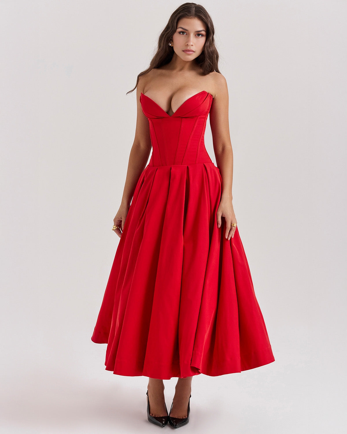 Strapless Corset Plunging Sweetheart Neck Pleated Full Skirt Pocket Midi Dress