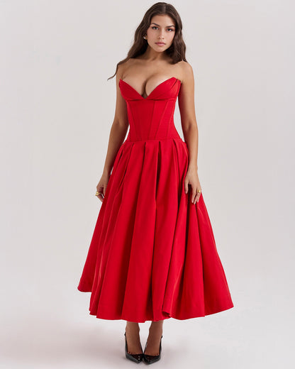 Strapless Corset Plunging Sweetheart Neck Pleated Full Skirt Pocket Midi Dress