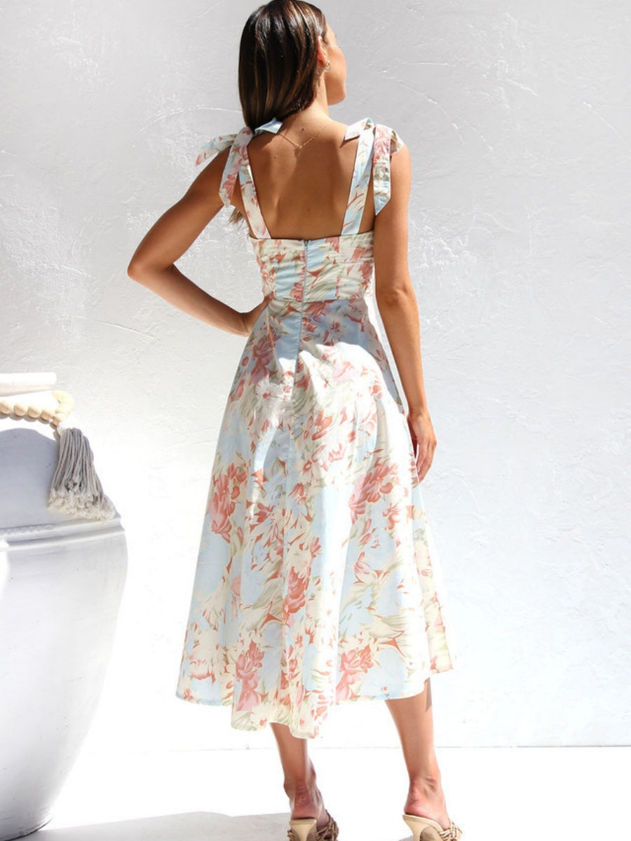 Waist V-neck Bandage Camisoles Printed Vacation And Leisure Maxi Dresses