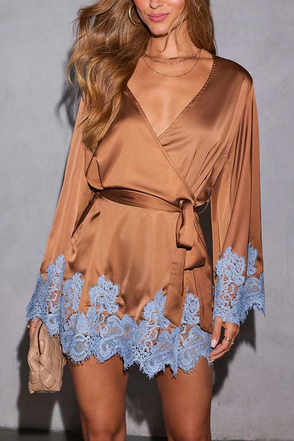 Joyful Bond Satin Lace Trim Contrast Color Bell Sleeve Tie-up Kimono Mini Dress