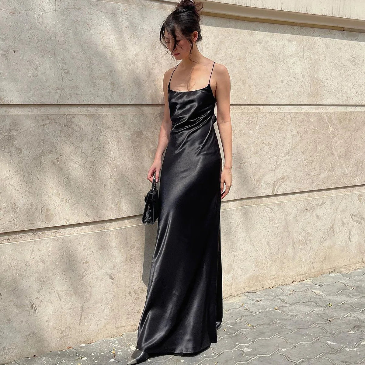 Backless Floral Strap Long Dress Women's Summer Fashion Solid Color Slim Strap One-Neck Evening Dress Elegant Long Dress