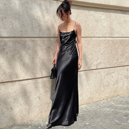 Backless Floral Strap Long Dress Women's Summer Fashion Solid Color Slim Strap One-Neck Evening Dress Elegant Long Dress