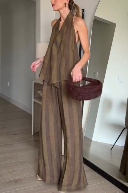 Aloof Style Striped Linen Blend Halter Vest and High Rise Button Pocket Wide Leg Pants Set