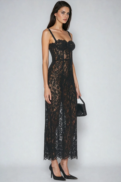 Sweetheart Bustier Floral Lace Bodycon Maxi Dress
