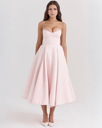 Lace Trim Corset Bustier Spaghetti Strap Pleated Pocket Tea Length Dress