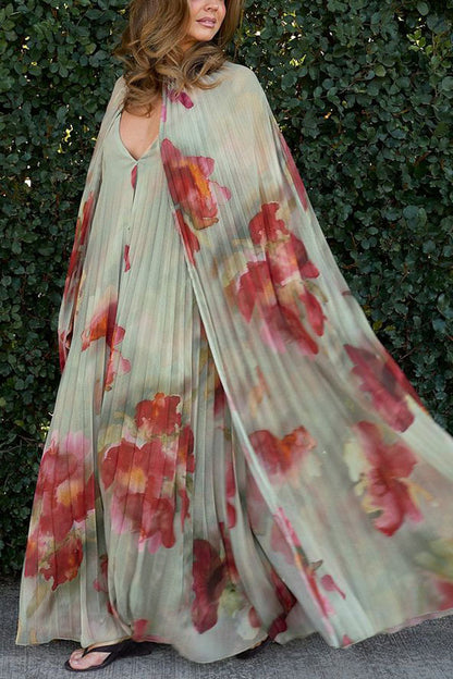 Sweet Story Pleated Chiffon Floral Print Detachable Cape Detail Maxi Dress