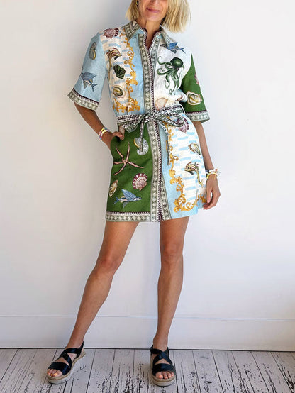 Nautical Print Shirt Collar Bishop Sleeve Tie Waist Button Mini Dress