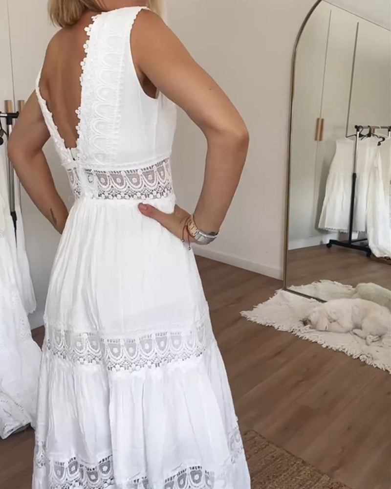 Deep V Neck Scalloped Lace Trim Tiered Crochet Insert Midi Dress