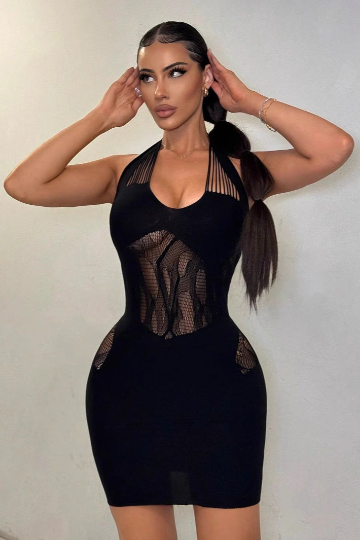 Halter Sleeveless Sheer Cutout Bodycon Cocktail Dress