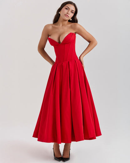Strapless Corset Plunging Sweetheart Neck Pleated Full Skirt Pocket Midi Dress