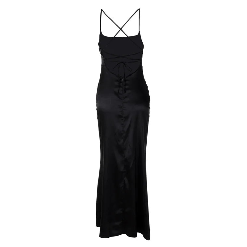 Backless Floral Strap Long Dress Women's Summer Fashion Solid Color Slim Strap One-Neck Evening Dress Elegant Long Dress