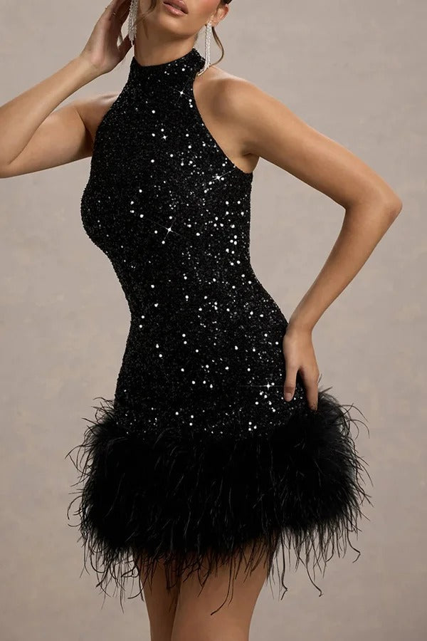 Sequin Halter High Neck Cut In Shoulder Feather Hem Bodycon Mini Dress
