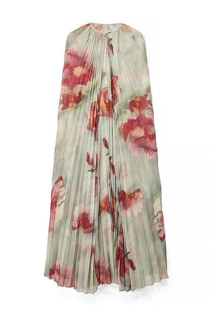 Sweet Story Pleated Chiffon Floral Print Detachable Cape Detail Maxi Dress