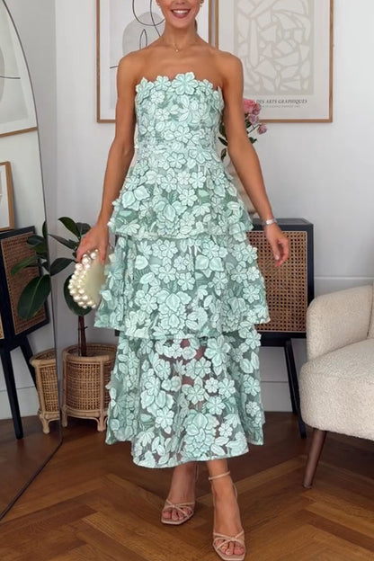 Cocktail Events 3D Embroidery Floral Detail Off Shoulder Tiered Hem Maxi Dress