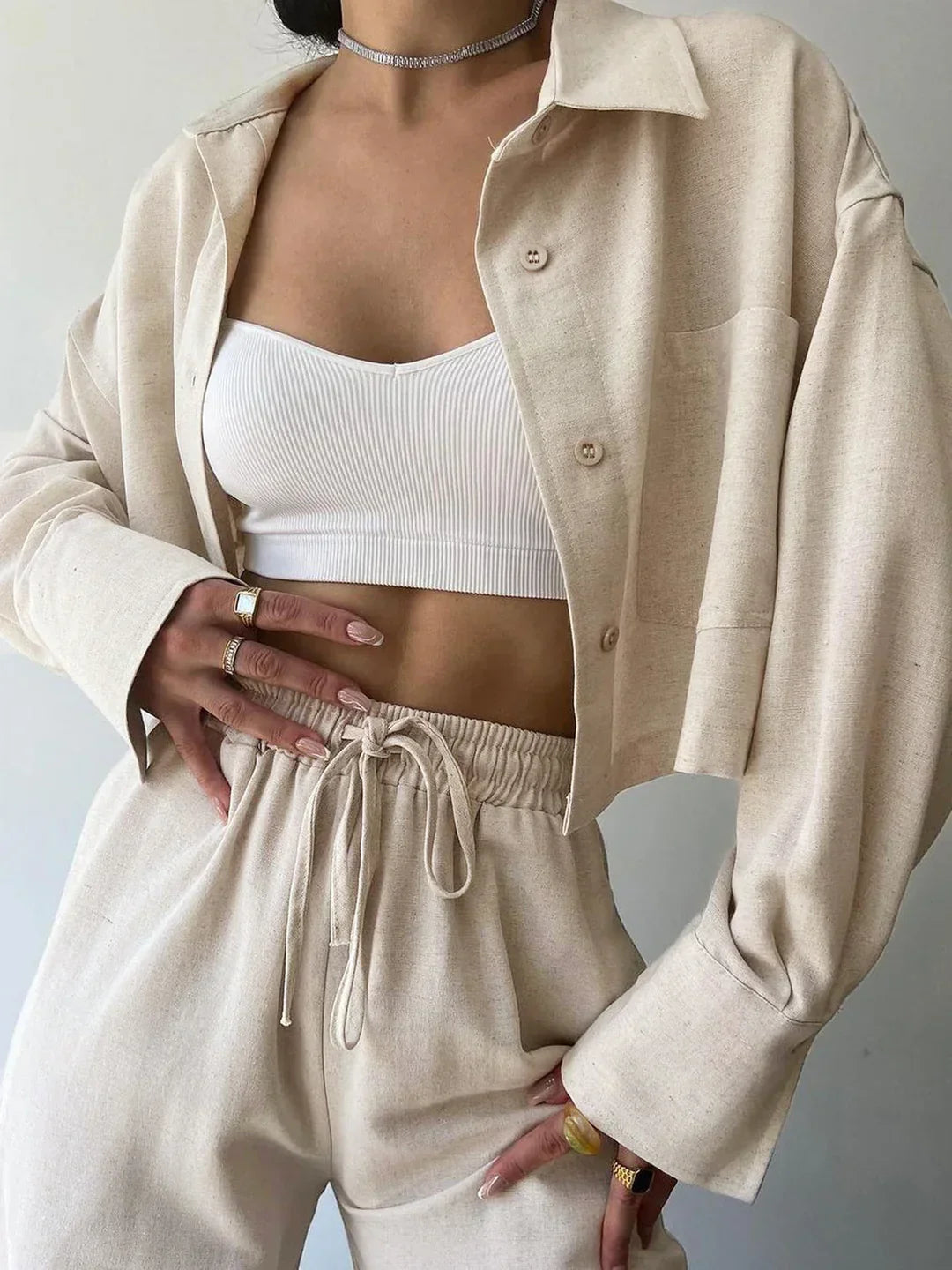 Casual Collared Drawstring Two Piece Pants Set