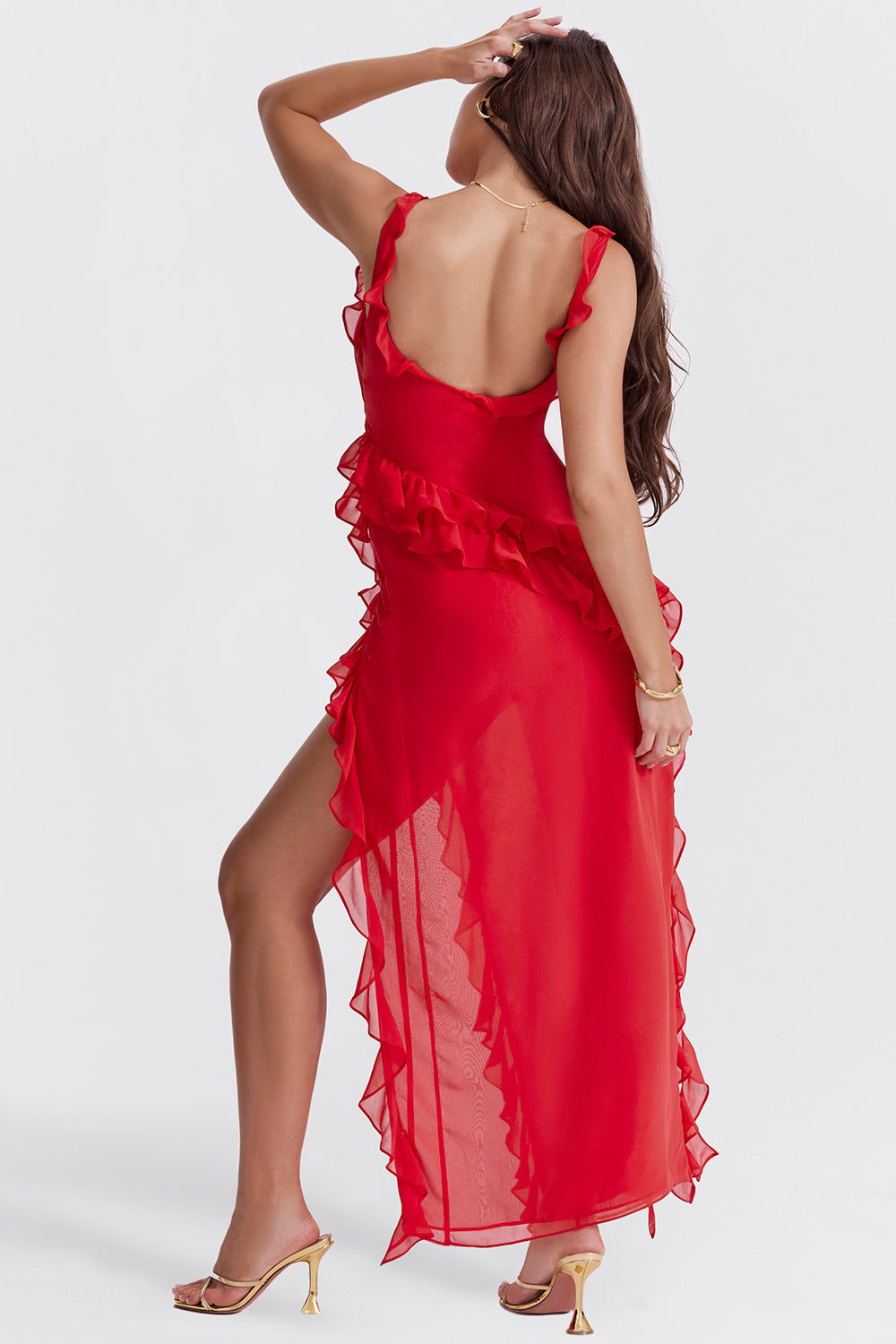 Square Neck Ruffle Strap Side Slit Cascade Ruffle Trim Maxi Gown