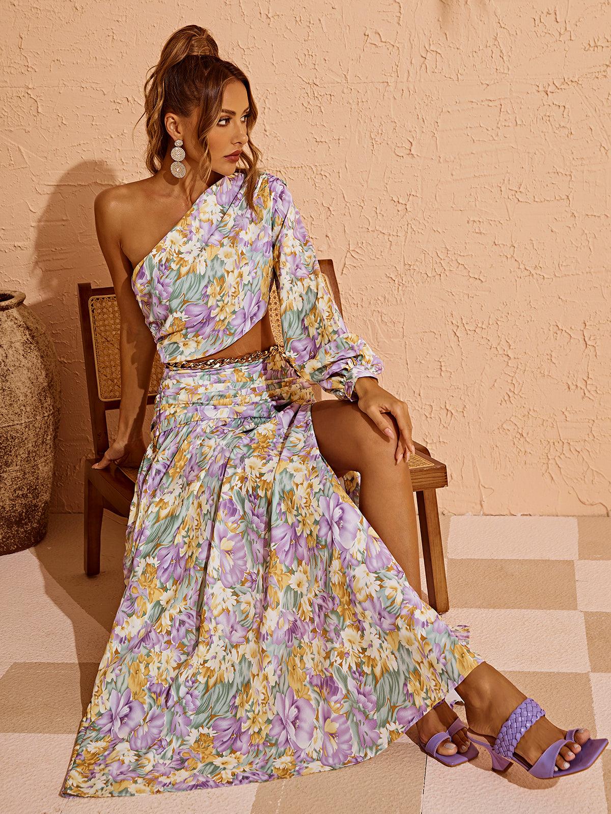 One Shoulder Lantern Sleeve Twisted Crop Floral Cutout Slit Maxi Dress Set