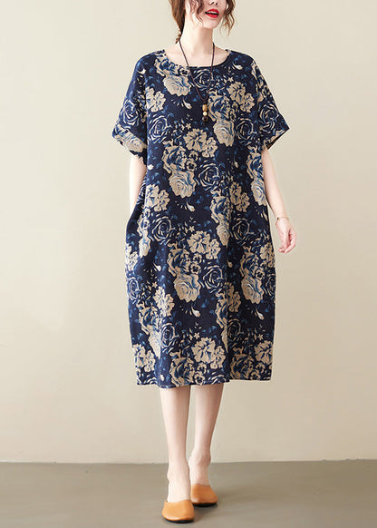 Scoop Neck Short Sleeve Oversized Classic Floral Print Linen Midi Dress