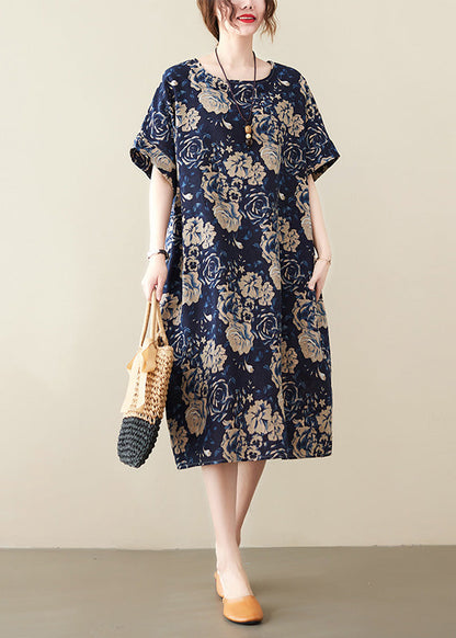 Scoop Neck Short Sleeve Oversized Classic Floral Print Linen Midi Dress