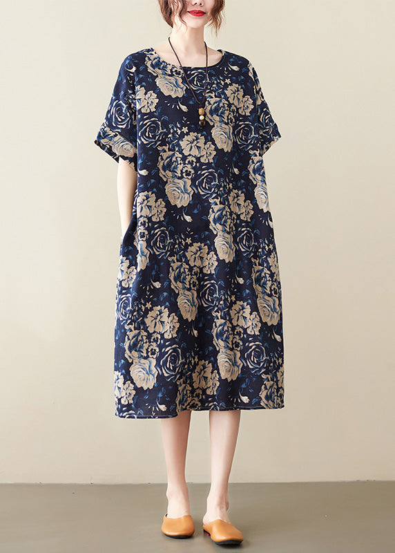 Scoop Neck Short Sleeve Oversized Classic Floral Print Linen Midi Dress