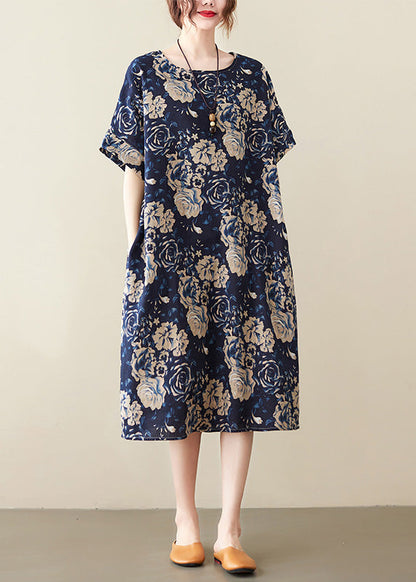 Scoop Neck Short Sleeve Oversized Classic Floral Print Linen Midi Dress