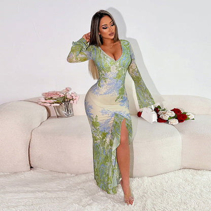 Abstract Floral Print V-Neck Bell Sleeve Ruffle Trim High Slit Maxi Dress