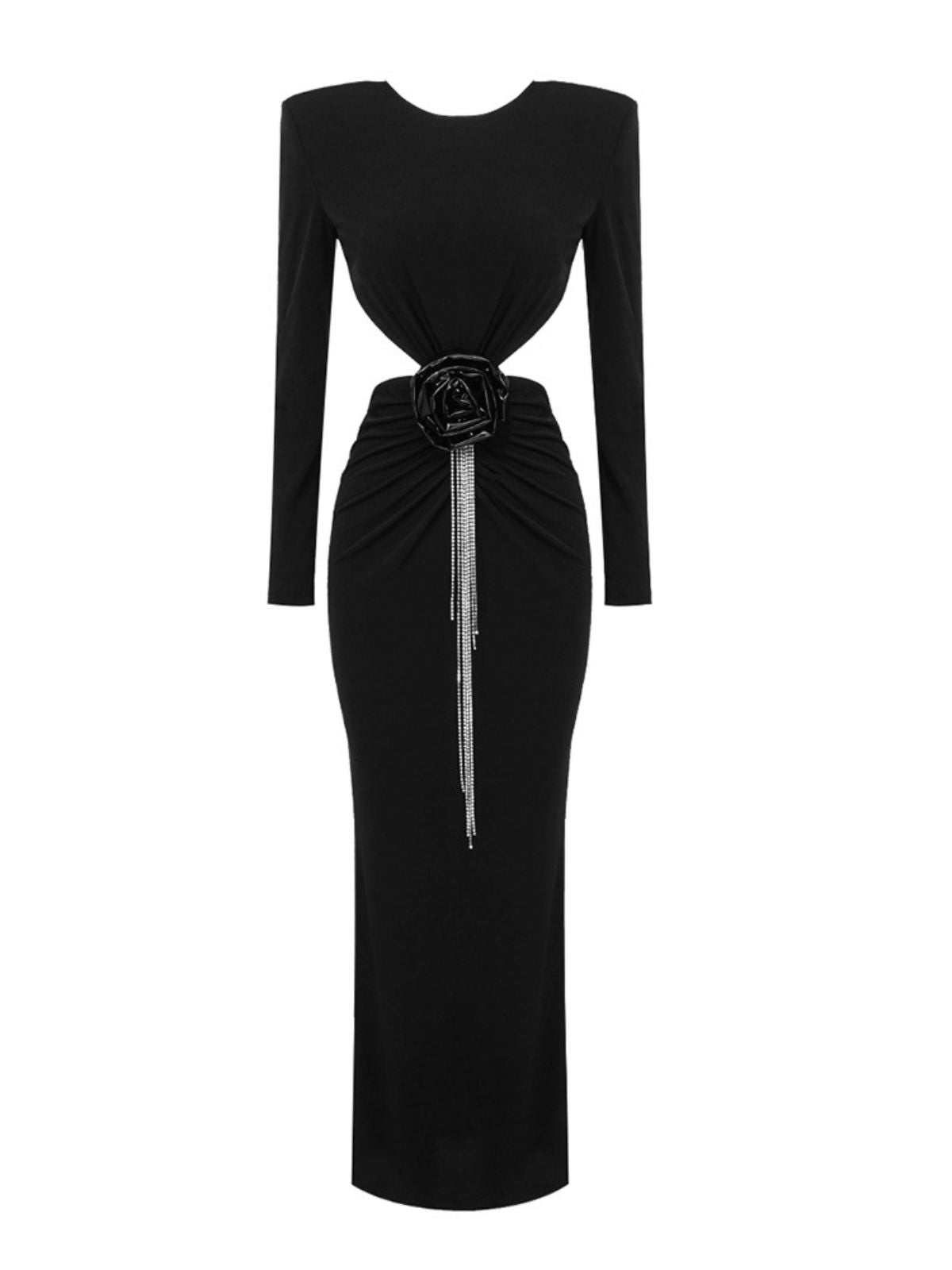 Padded Shoulder Waist Cutout 3D Floral Applique Rhinestone Fringe Midi Dress