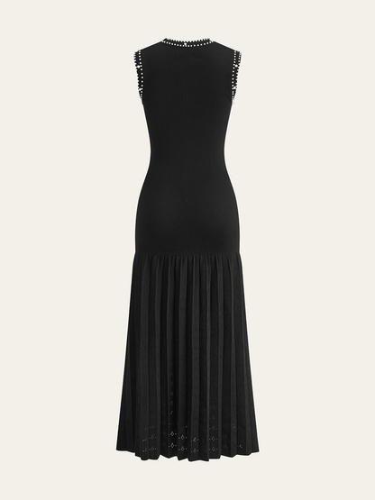 Pearl Trim Drop Waist Pointelle Pleated Skirt Crew Neck Knit Midi Dress