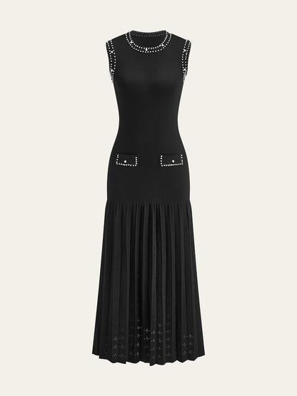 Pearl Trim Drop Waist Pointelle Pleated Skirt Crew Neck Knit Midi Dress