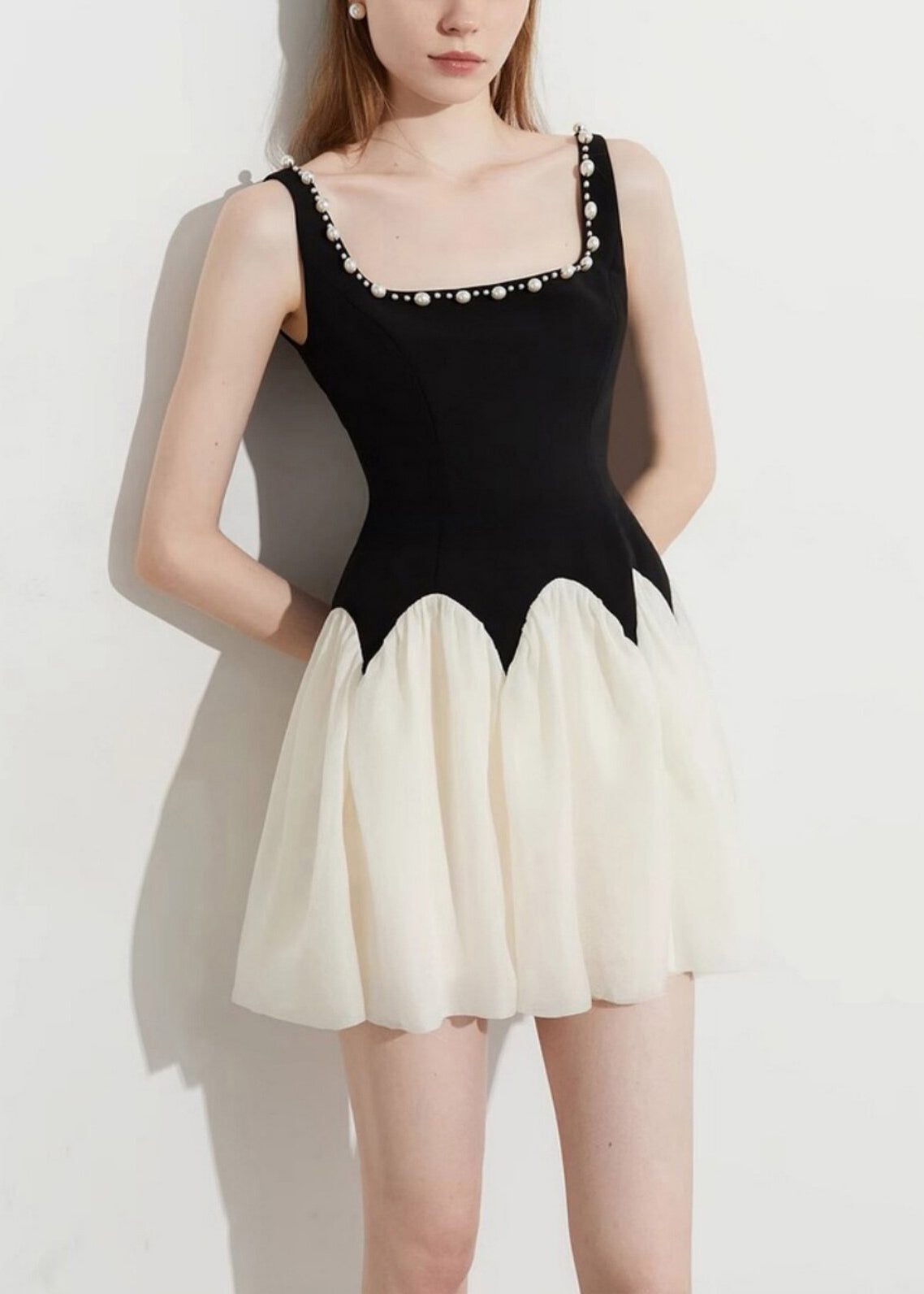 Square Neck Pearl Trim Scalloped Waist Pleated Tulle Skater Mini Dress