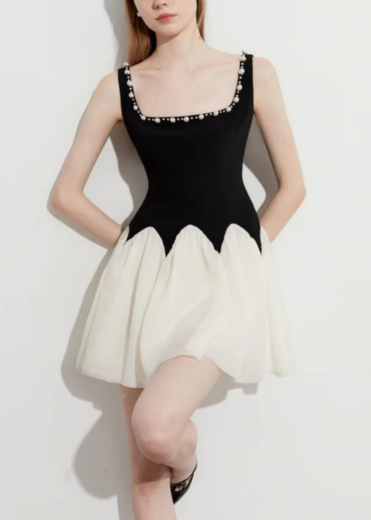 Square Neck Pearl Trim Scalloped Waist Pleated Tulle Skater Mini Dress