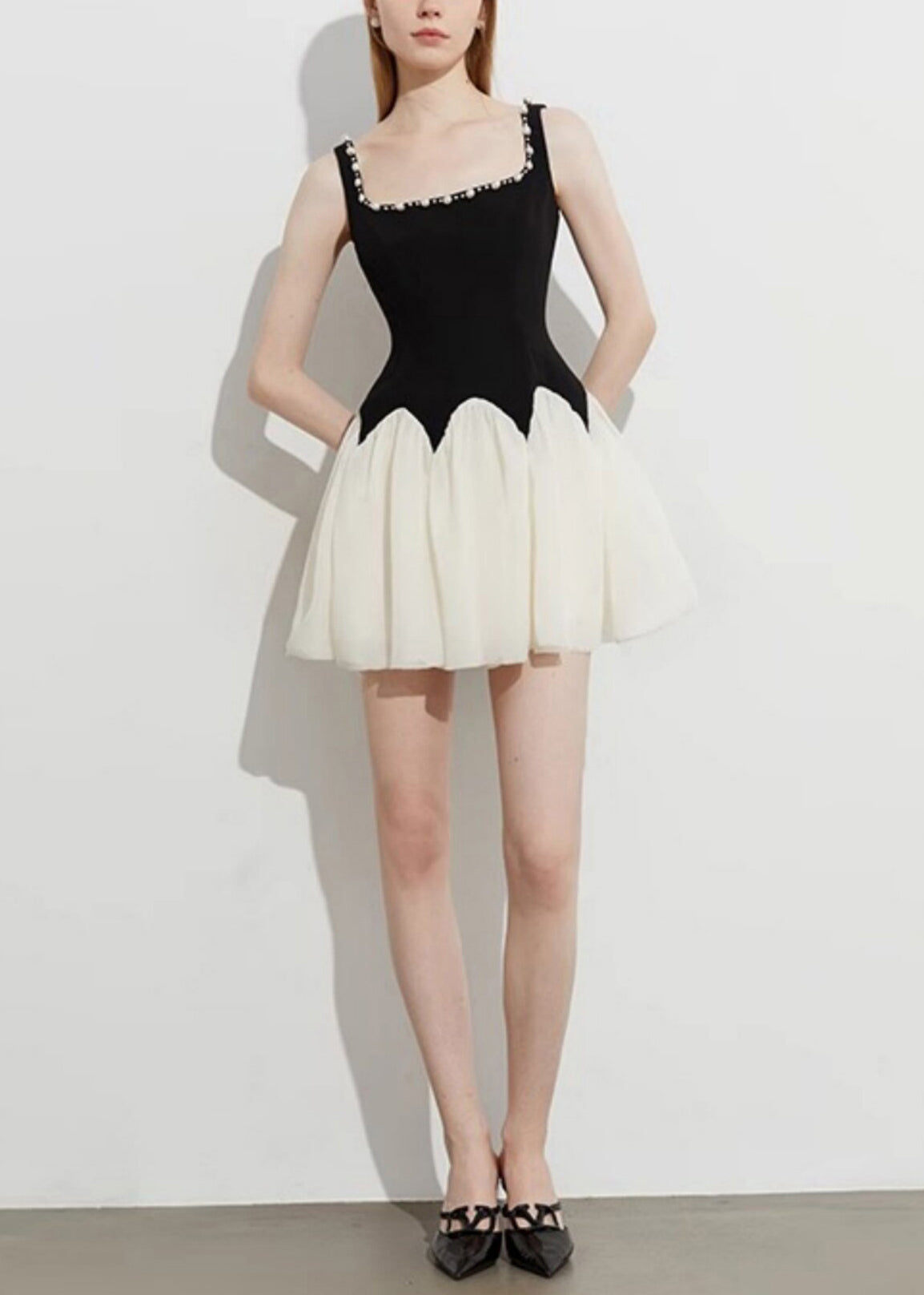 Square Neck Pearl Trim Scalloped Waist Pleated Tulle Skater Mini Dress