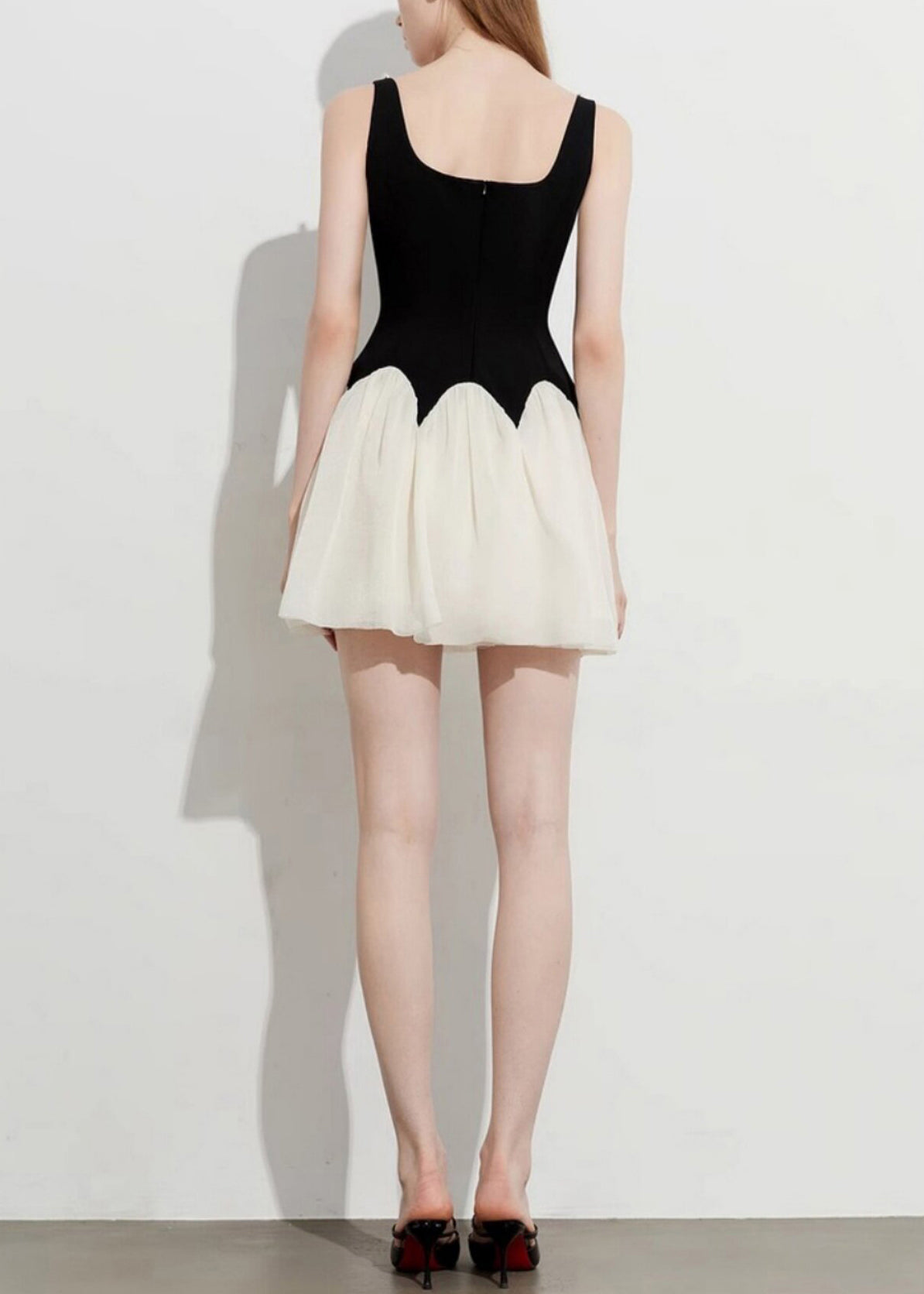 Square Neck Pearl Trim Scalloped Waist Pleated Tulle Skater Mini Dress